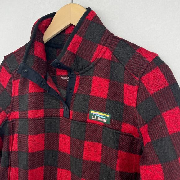 LL BEAN Sweater Fleece Womens M Buffalo Check 1/4 Snap Pullover Kangaroo Pockets - Picture 1 of 13